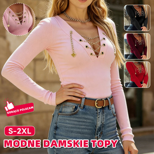 2026 Nowy elegancki T-shirt damski, długie rękawy, dekolt w serek, z metalowym łańcuszkiem