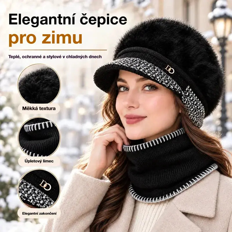❄️Stylová zimní kombinéza: baseballová čepice ze směsi králičí kožešiny s klapkami na uši + pletená šála!