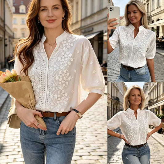 💐👏【50% zniżki】【Rozmiary 2XL】Elegancka damska koszula z nadrukiem, okrągłym dekoltem i krótkim rękawem, haftowana