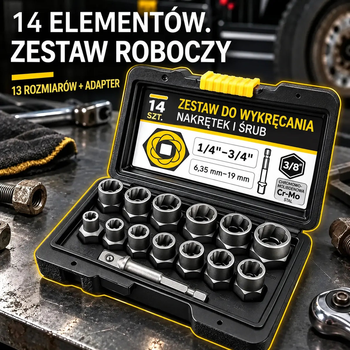 Zestaw 14 nasadek do nakrętek i śrub | Nasadki z antypoślizgowymi rowkami do zardzewiałych, uszkodzonych lub wyrobionych śrub