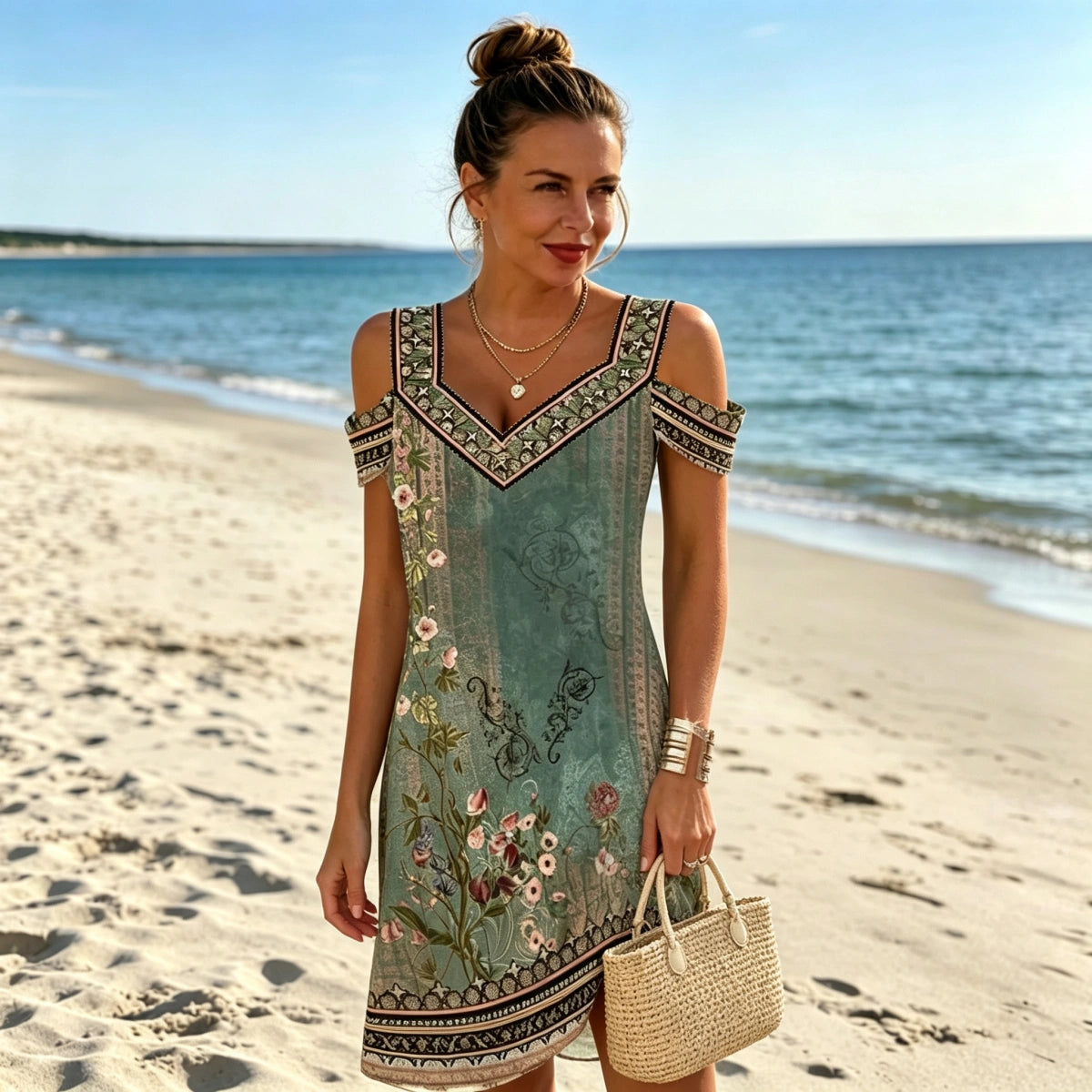 🔥👗Ograniczona czasowo zniżka 50%【S-5XL】Nowa letnia sukienka z dekoltem w serek i odkrytymi ramionami