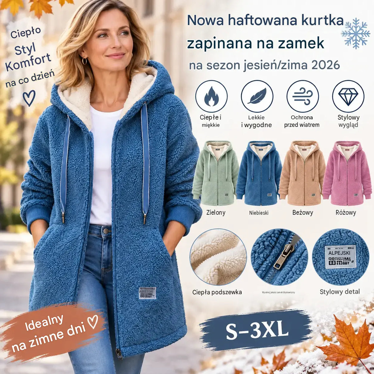 ✨【M-3XL / 4 kolory】Gruba bluza typu sherpa średniej długości z podszewką z polaru / Jesienno-zimowa kurtka rozpinana z haftowanym napisem