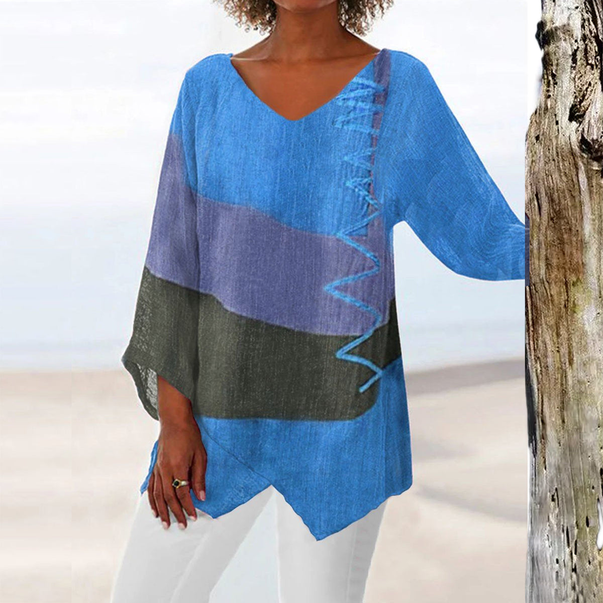 ⏳ Poslední den – sleva 50 % 😍【S~5XL】Dámský elegantní ležérní top s výstřihem do V a dlouhými rukávy, s uměleckým vzorem a potiskem