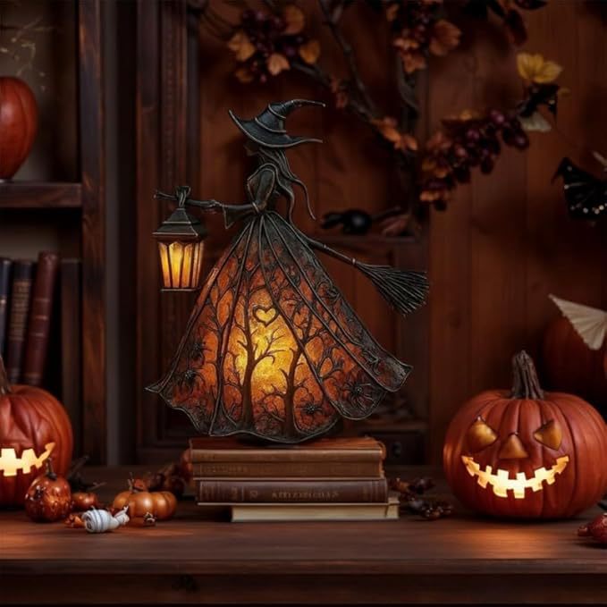 🧙‍Halloweenská lampa s čarodějnicí, strašidelná gotická lucerna, unikátní dekorativní figurka pro stolní lampu, noční světlo s nohama, vhodné do domácnosti, na verandu, do kanceláře, na párty, lze použít jako halloweenskou i dárkovou dekoraci
