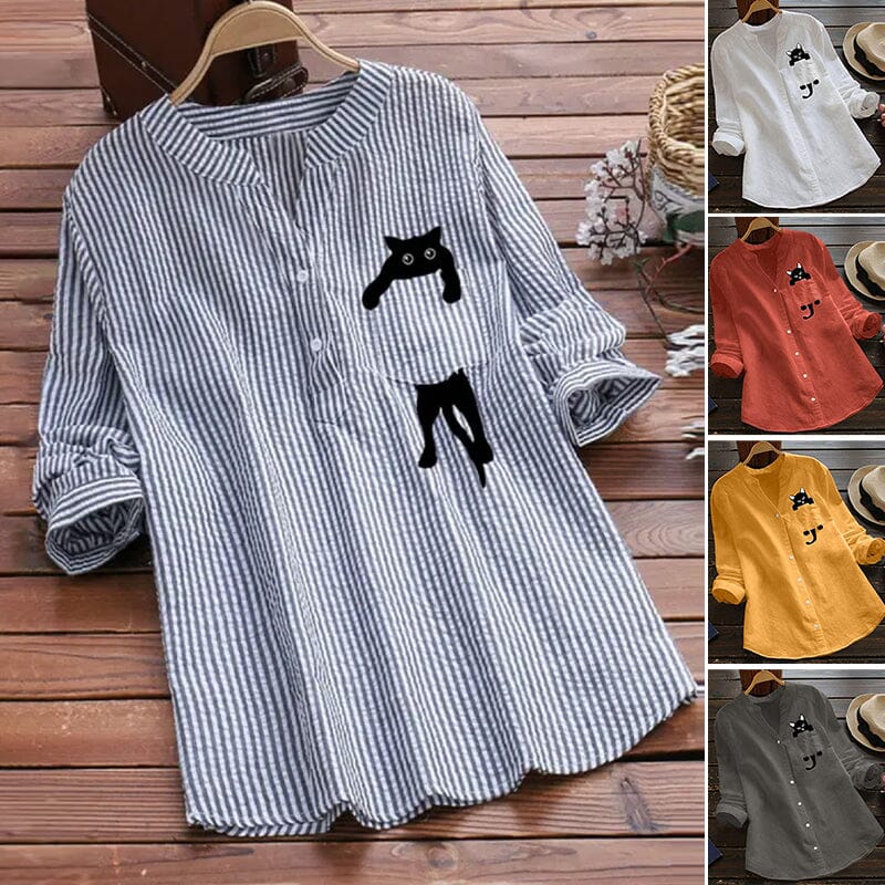 ✨🌿【Wiosenna nowość🔥】【S-3XL】2025 Wiosna Nowa moda Koci nadruk Długi rękaw Bawełniana koszula z dekoltem w serek