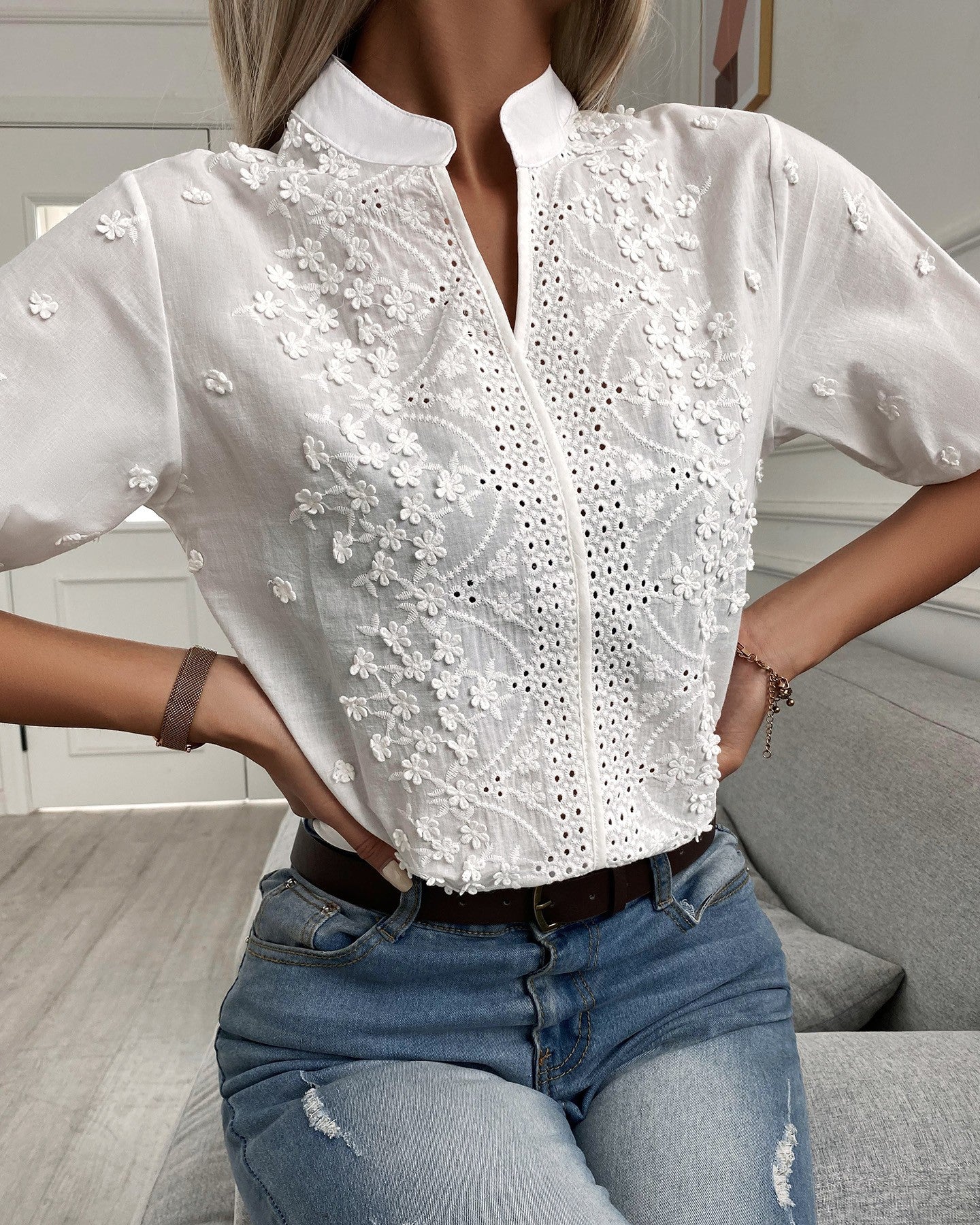 💐👏【50% zniżki】【Rozmiary 2XL】Elegancka damska koszula z nadrukiem, okrągłym dekoltem i krótkim rękawem, haftowana