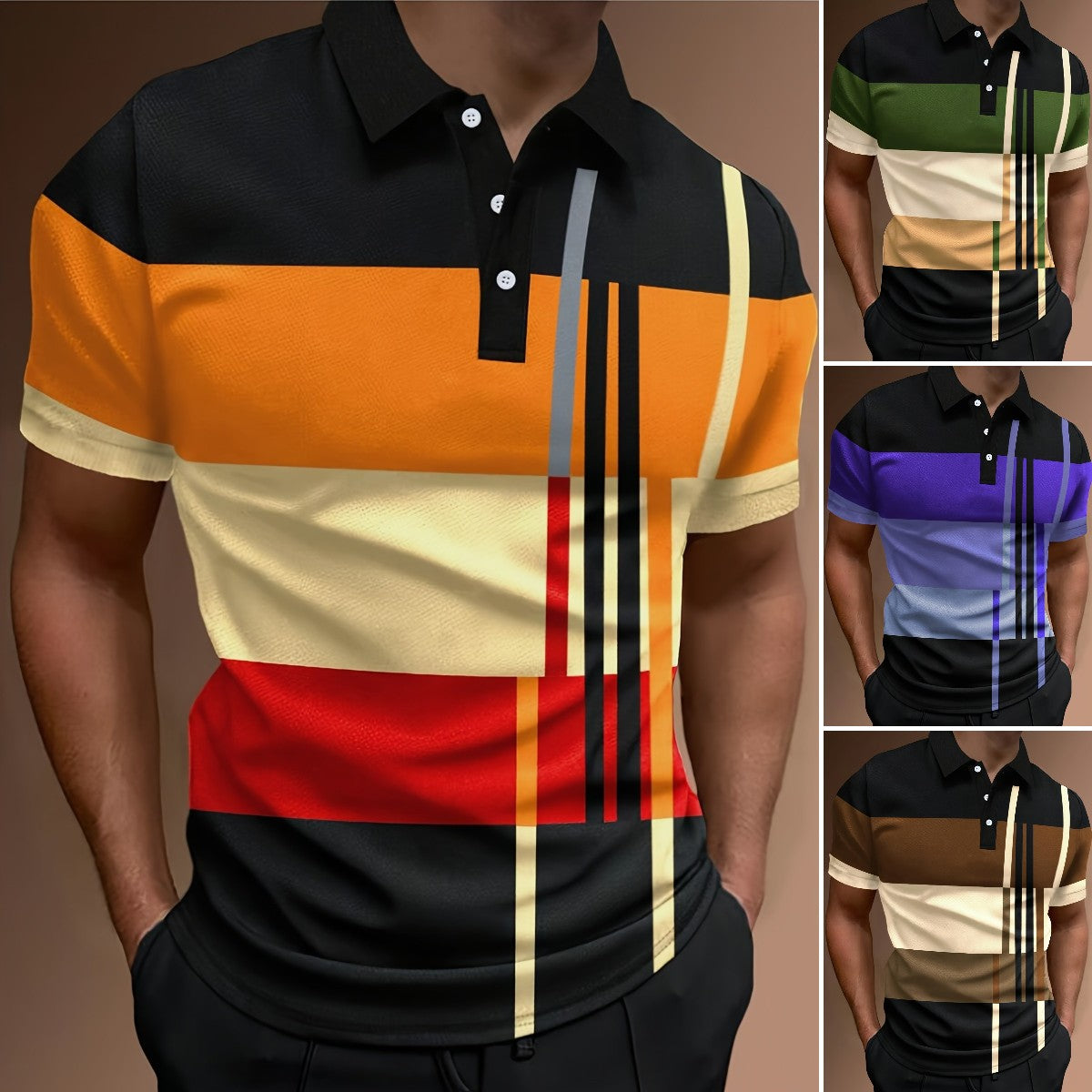 🔥【50% ZNIŻKI】👔【S-6XL】Męska koszulka POLO z nadrukiem 3D w paski i kolorowymi nadrukami