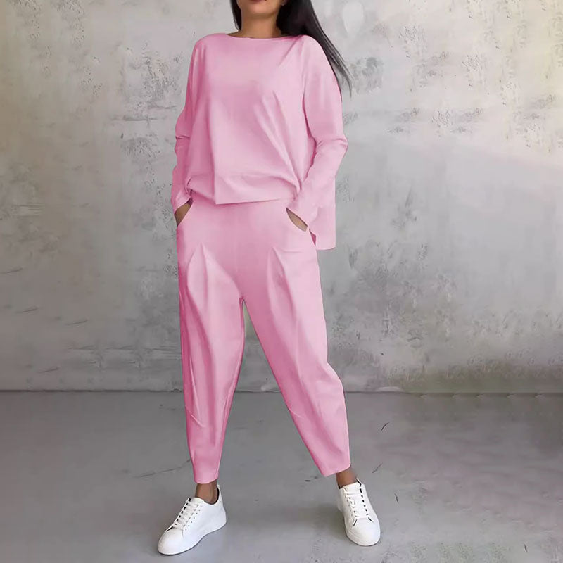 💖[Top + Kalhoty] Módní dvoudílná souprava, jednobarevné ležérní a trendy dámské oblečení, příjemná látka z čisté bavlny-Z