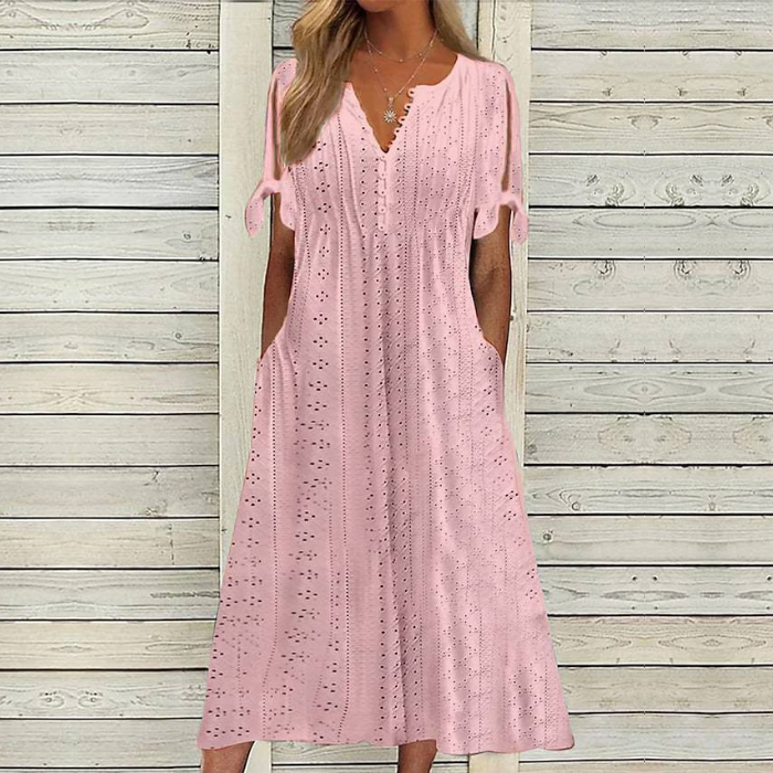 🔥👗【Žhavý výprodej】【S-5XL】✨2025 Nové jednoduché a krásné jednobarevné šaty s dutou krajkou