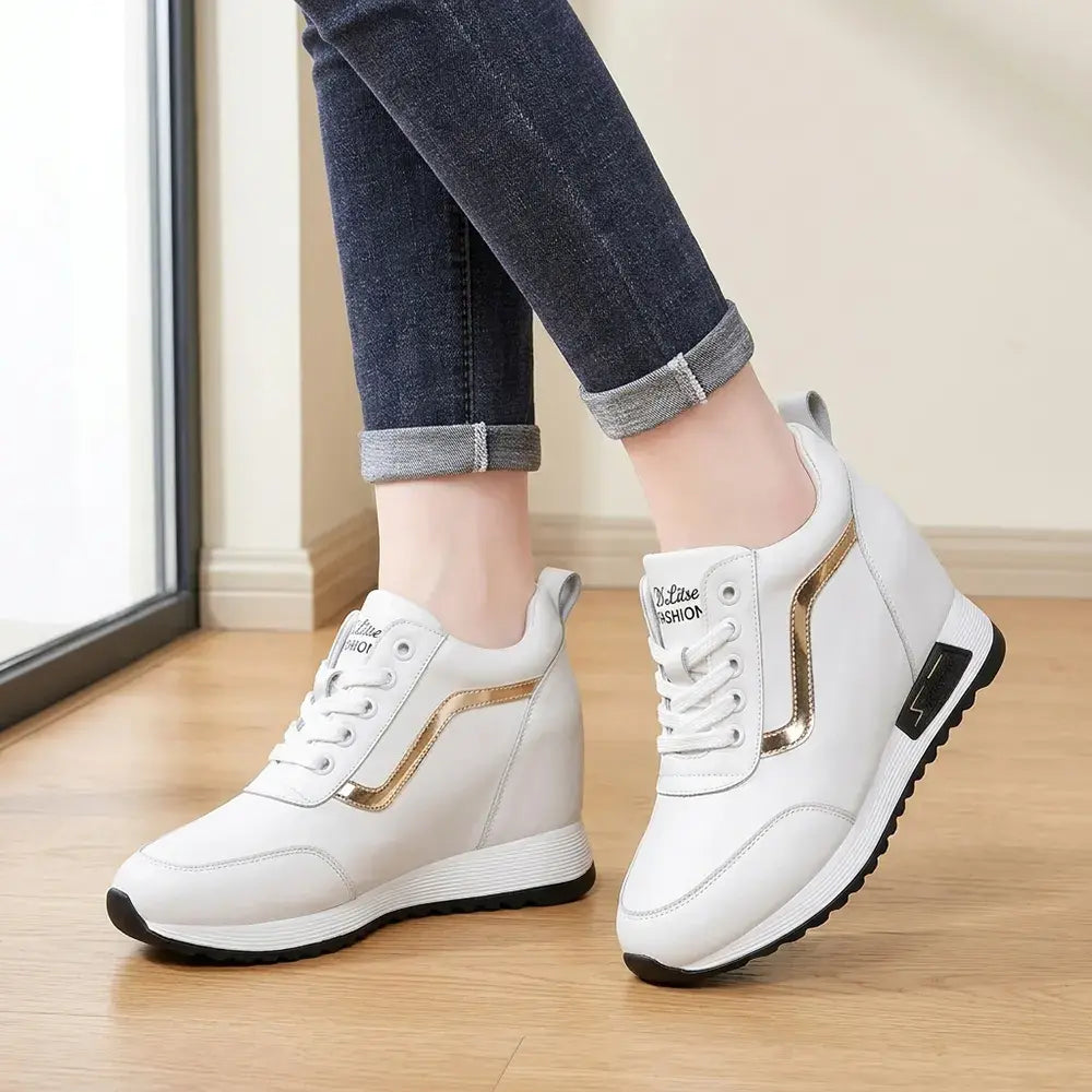 👠Damskie trampki na platformie z ukrytym klinem – skórzane buty codzienne w stylu koreańskim – gruba podeszwa, wygodne buty sportowe