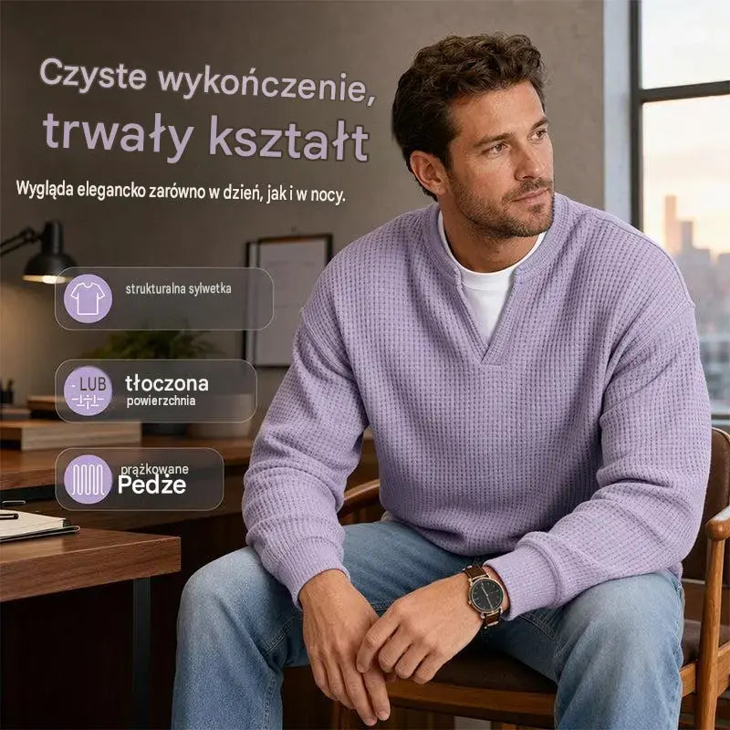 👚✨ Nowość na jesień/zimę | Męska bluza z długim rękawem, dzianiną waflową, dekoltem w serek, dwuczęściowa luźna koszulka polo w kontrastowych kolorach