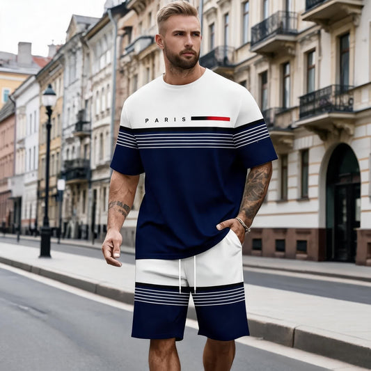 【S-5XL】Conjunto informal y cómodo de camisa de manga corta y pantalón corto con estampado de letras para hombre.