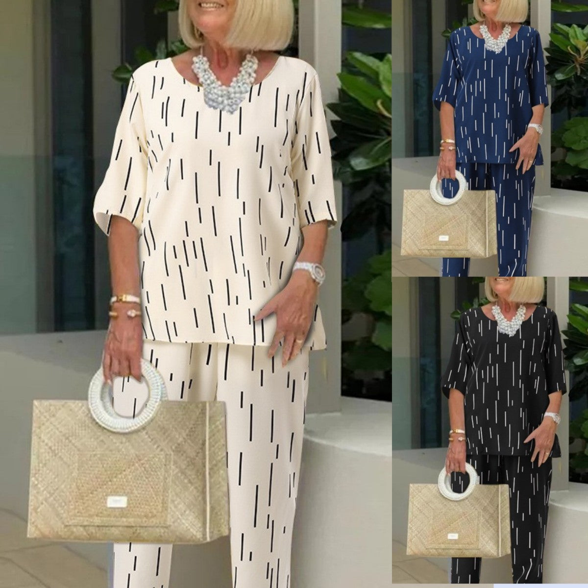 💥🔥【Topy + Spodnie】👚👖【S-5XL】2025 Wiosna i Lato Nowy Moda Okrągły Dekolt Pięciopunktowy Rękaw Luźny Dwuczęściowy Garnitur