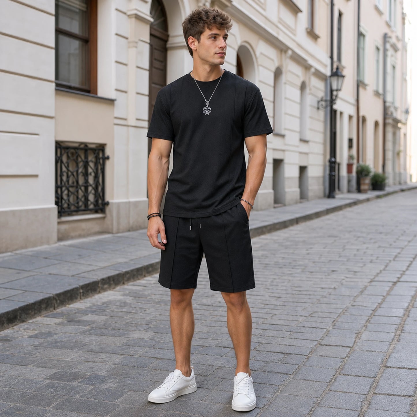 [S-5XL] Pánský letní prodyšný ležérní sportovní oblek - vaflový úplet - dvoudílná sada trička s kulatým výstřihem a kraťasů