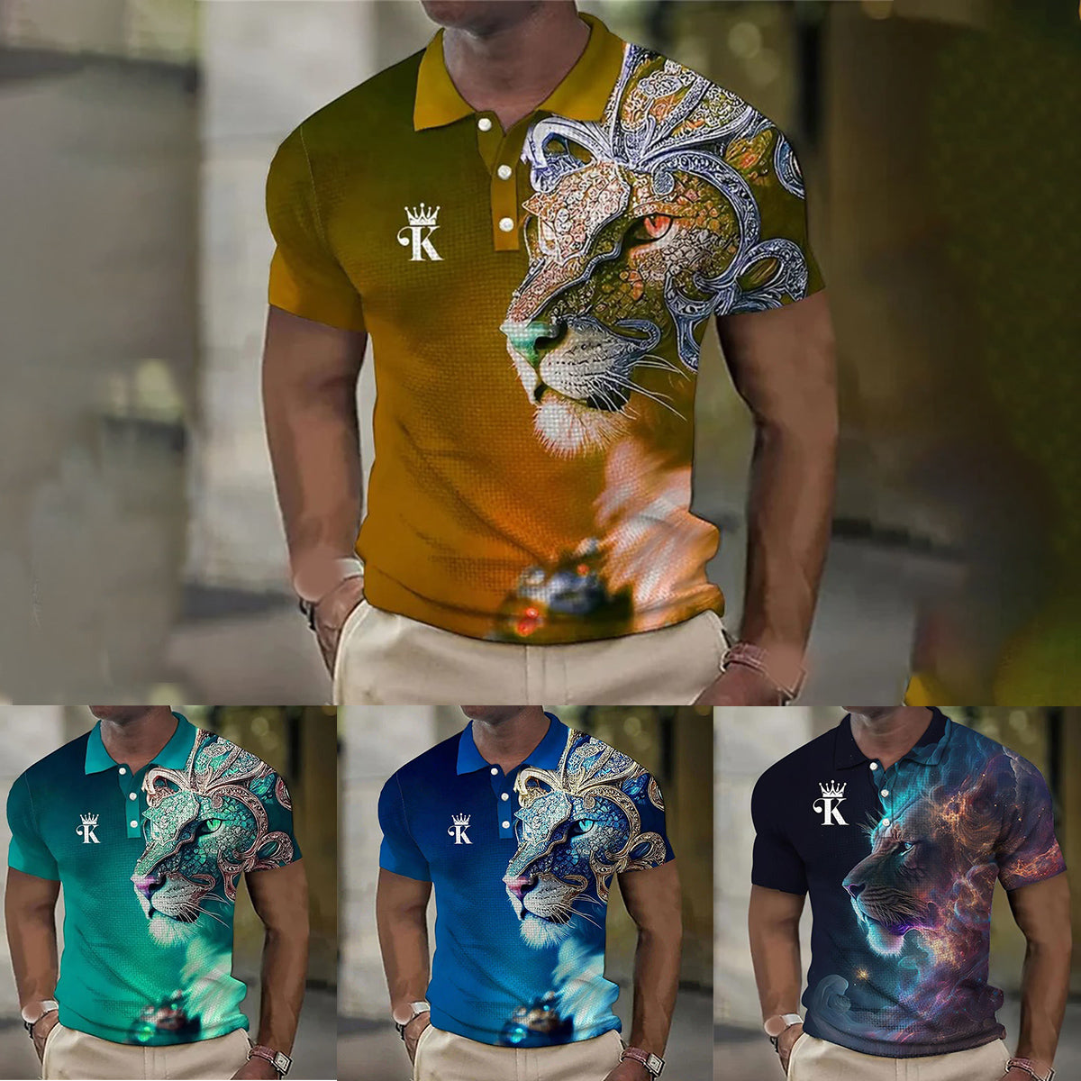 【S-6XL】Męska koszulka polo z nadrukiem 3D z lwem