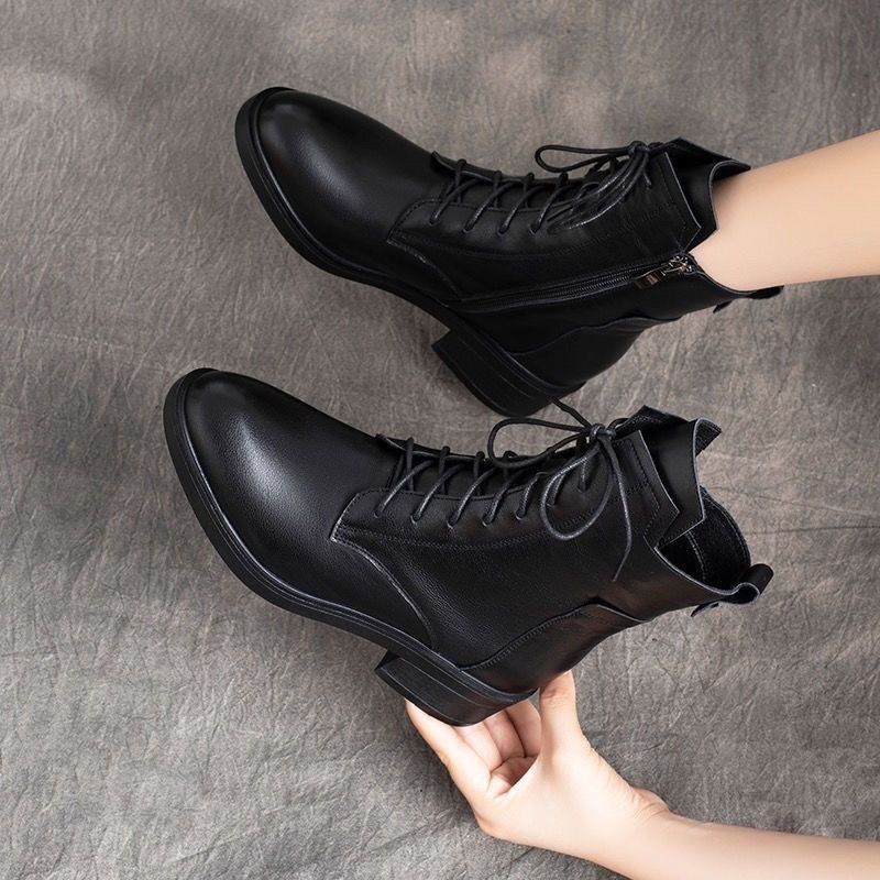 Stylowe i eleganckie damskie buty Martin z noskiem w szpic, skóra naturalna, zapinane na zamek【35-41】