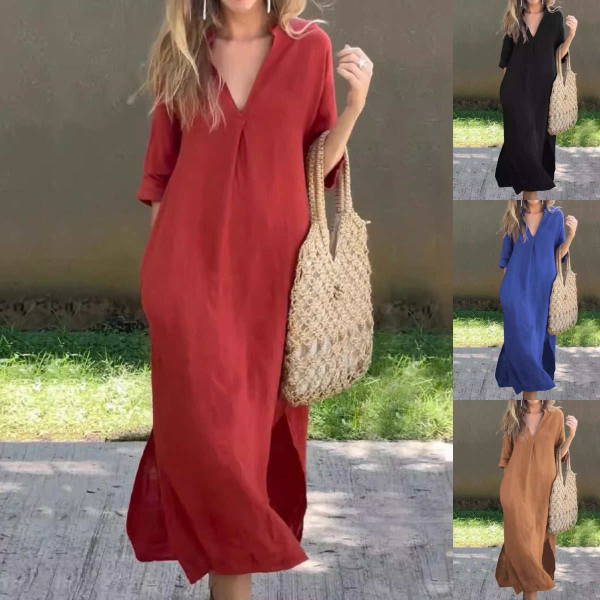 ✨👗[S–3XL] Hosszú, V-nyakú, hasítékos vászonruha, kényelmes és könnyű nyári viselet.