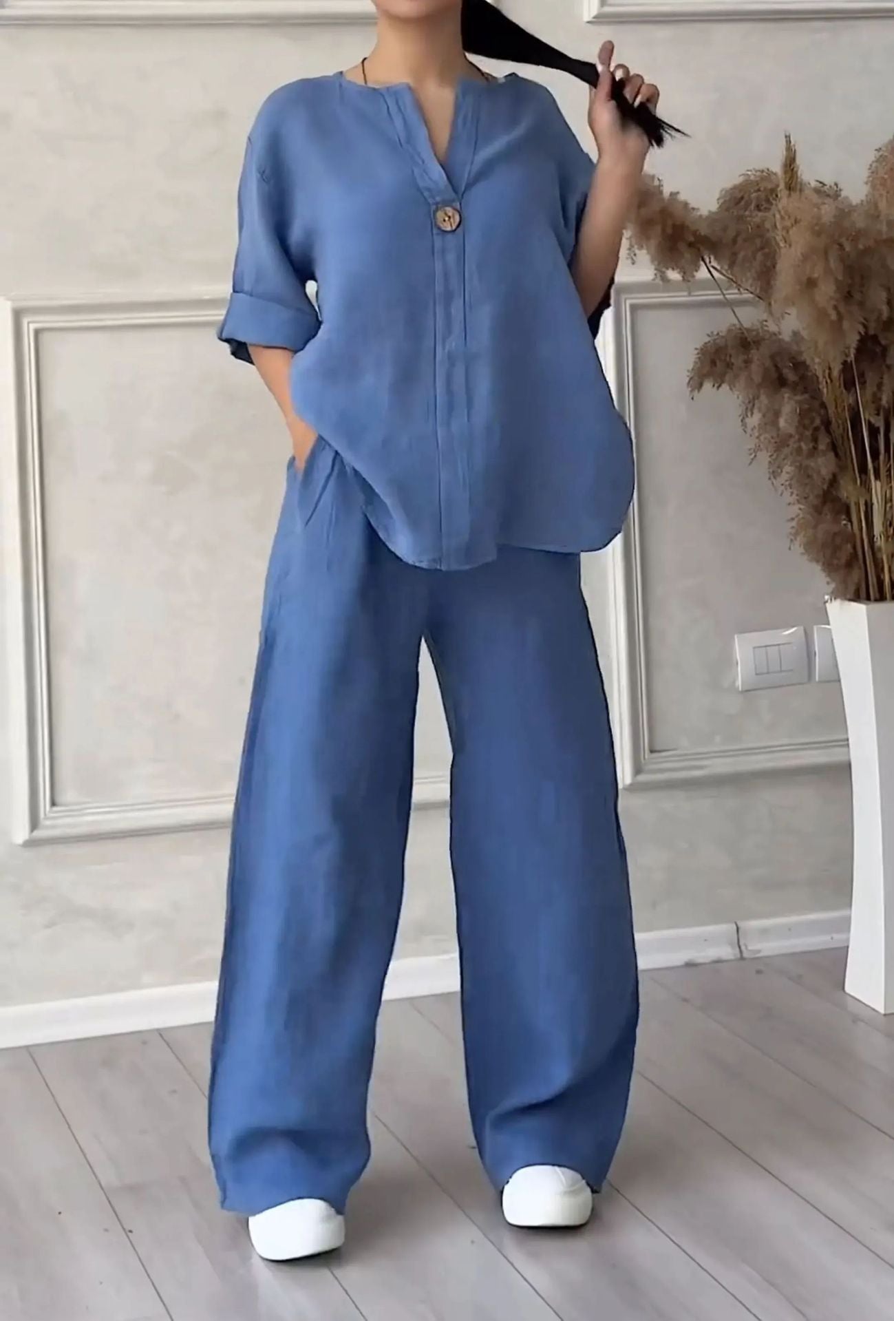 🔥【S-5XL】【Wyprzedaż 50%】🔥Swobodny i szykowny letni zestaw: naturalny materiał i nowoczesny dekolt w serek