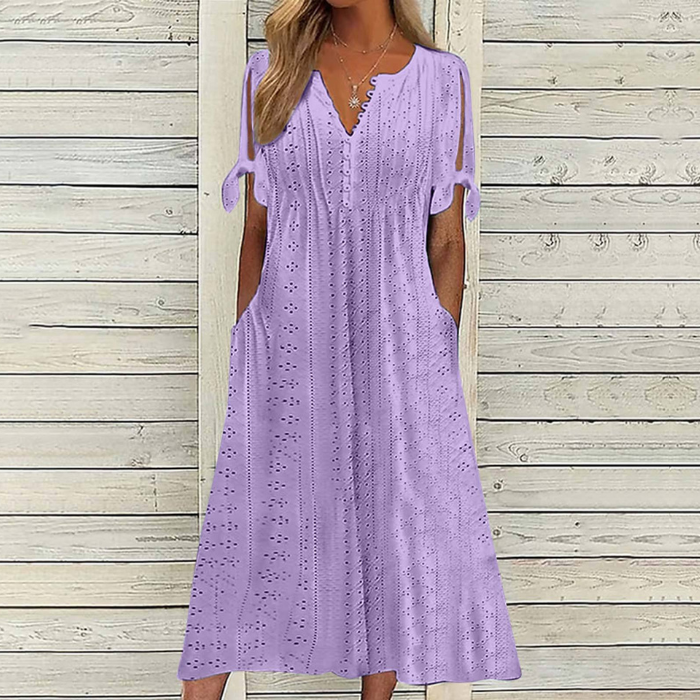 🔥👗【Žhavý výprodej】【S-5XL】✨2025 Nové jednoduché a krásné jednobarevné šaty s dutou krajkou