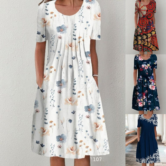 【50% sleva】【Velikosti S-5XL】🌺🌺 Moderní šaty s kulatým výstřihem a potiskem.