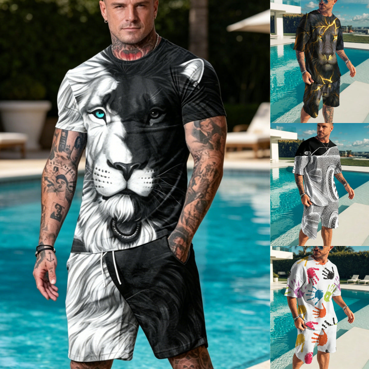 [S-6XL] Stylová dvoudílná pánská tepláková souprava, 3D potisk lva, tričko + šortky