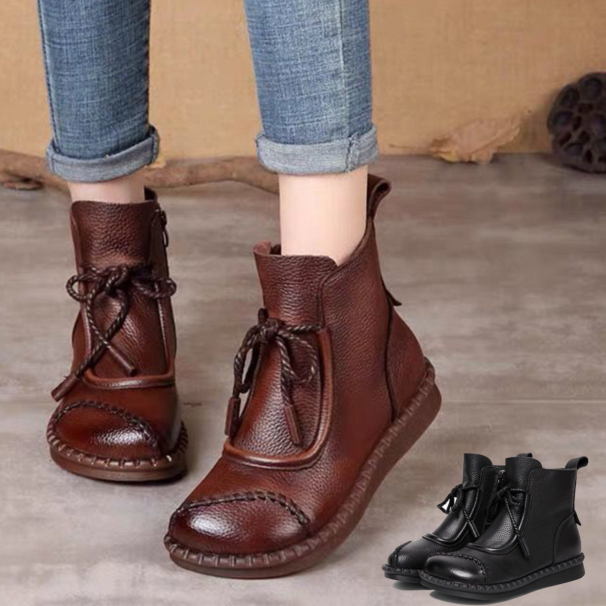 🌷Nowość 2025🎉【35-40】👢Klasyczne damskie buty retro z miękką podeszwą i skórzanym zamkiem błyskawicznym z boku.