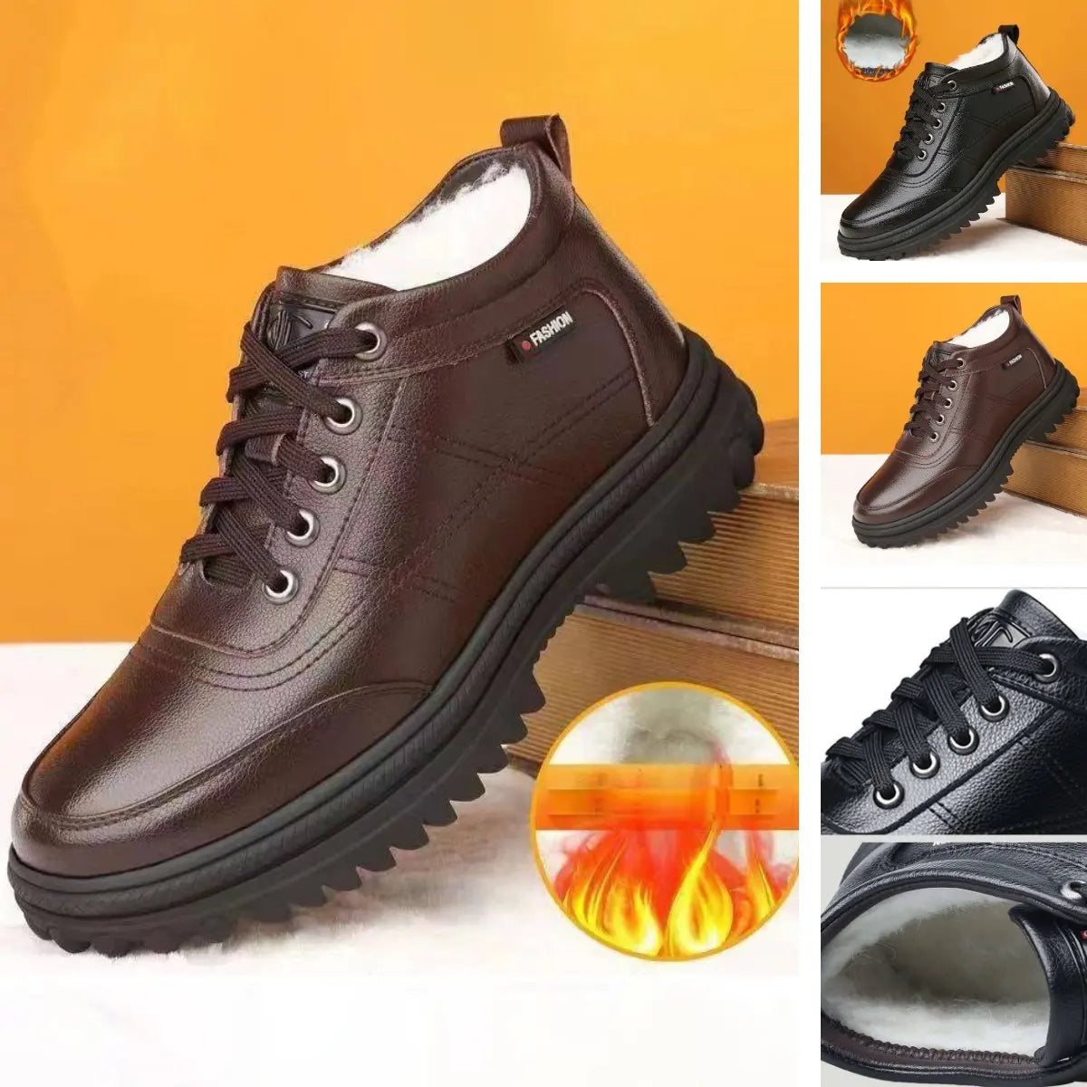 👞【39-44】 Zapatos de cuero de suela gruesa, cálidos y esponjosos, engrosados de invierno para hombres
