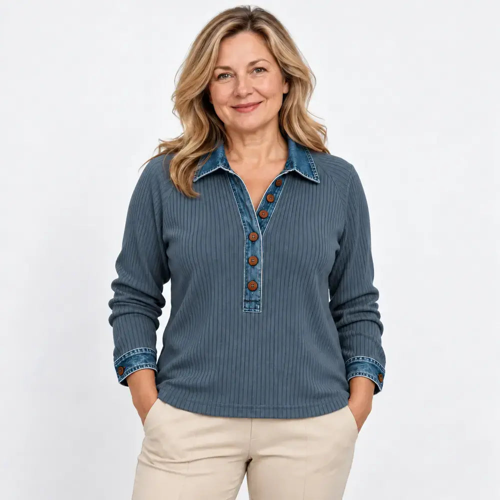 【S-3XL】Damowy sweter z długim rękawem – z kołnierzem jeansowym, łączony, dzianinowy