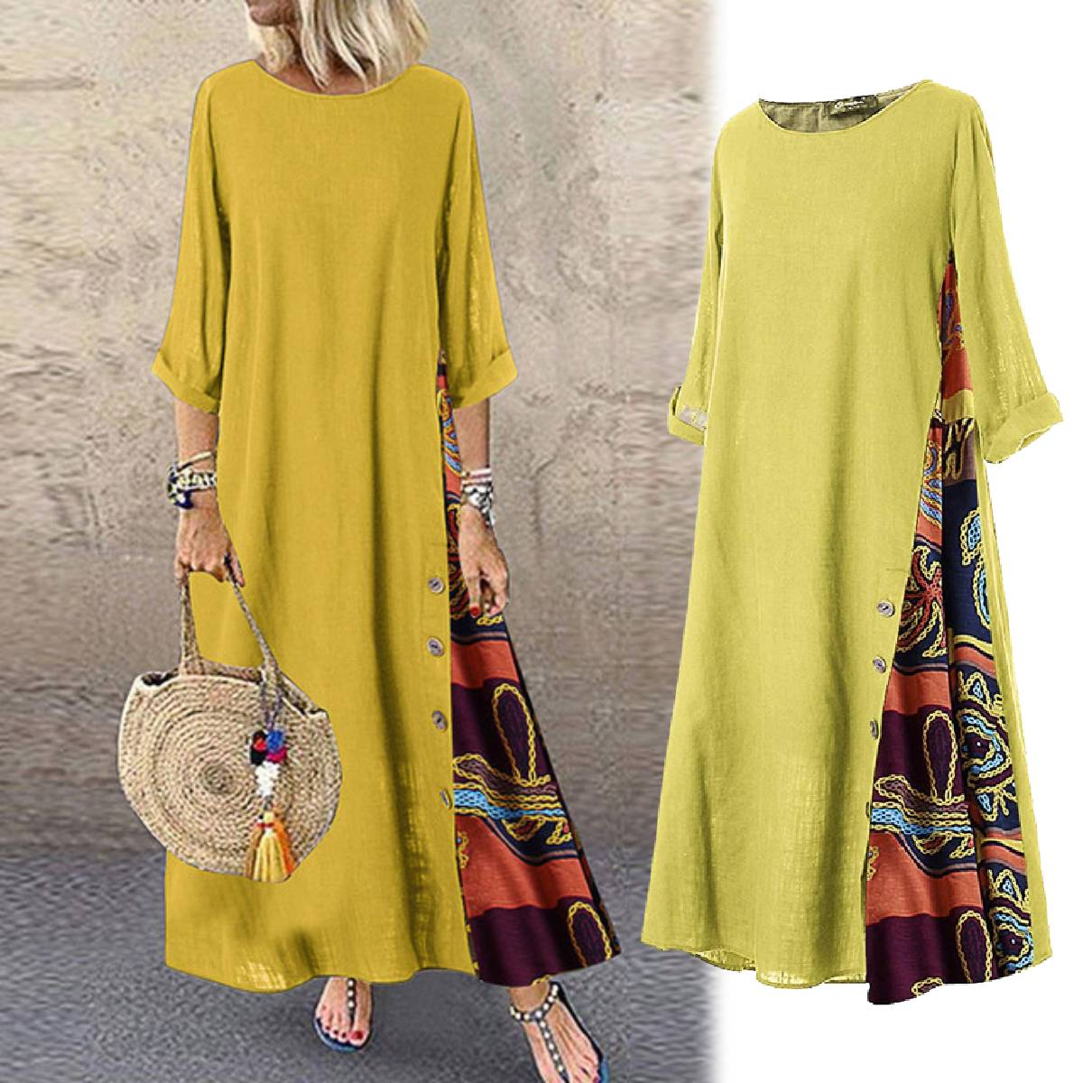 🌾💕[M-5XL] Nowa lniana sukienka w stylu retro z rękawami o średniej długości – miękka i przyjemna w dotyku
