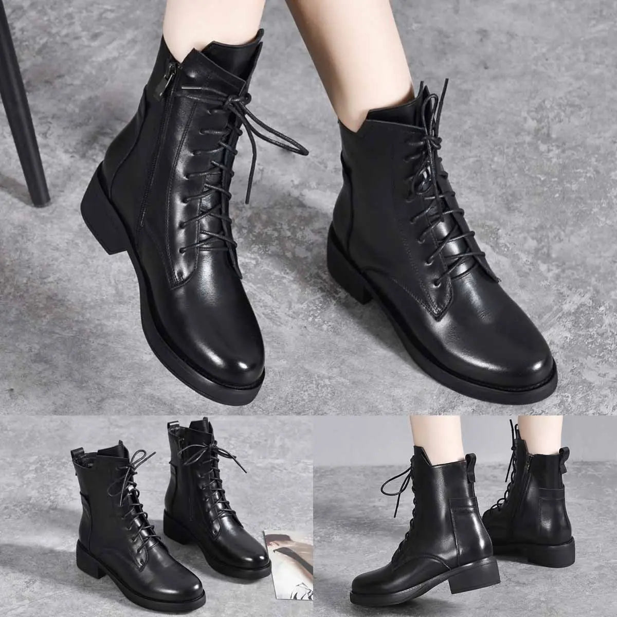 Stylowe i eleganckie damskie buty Martin z noskiem w szpic, skóra naturalna, zapinane na zamek【35-41】
