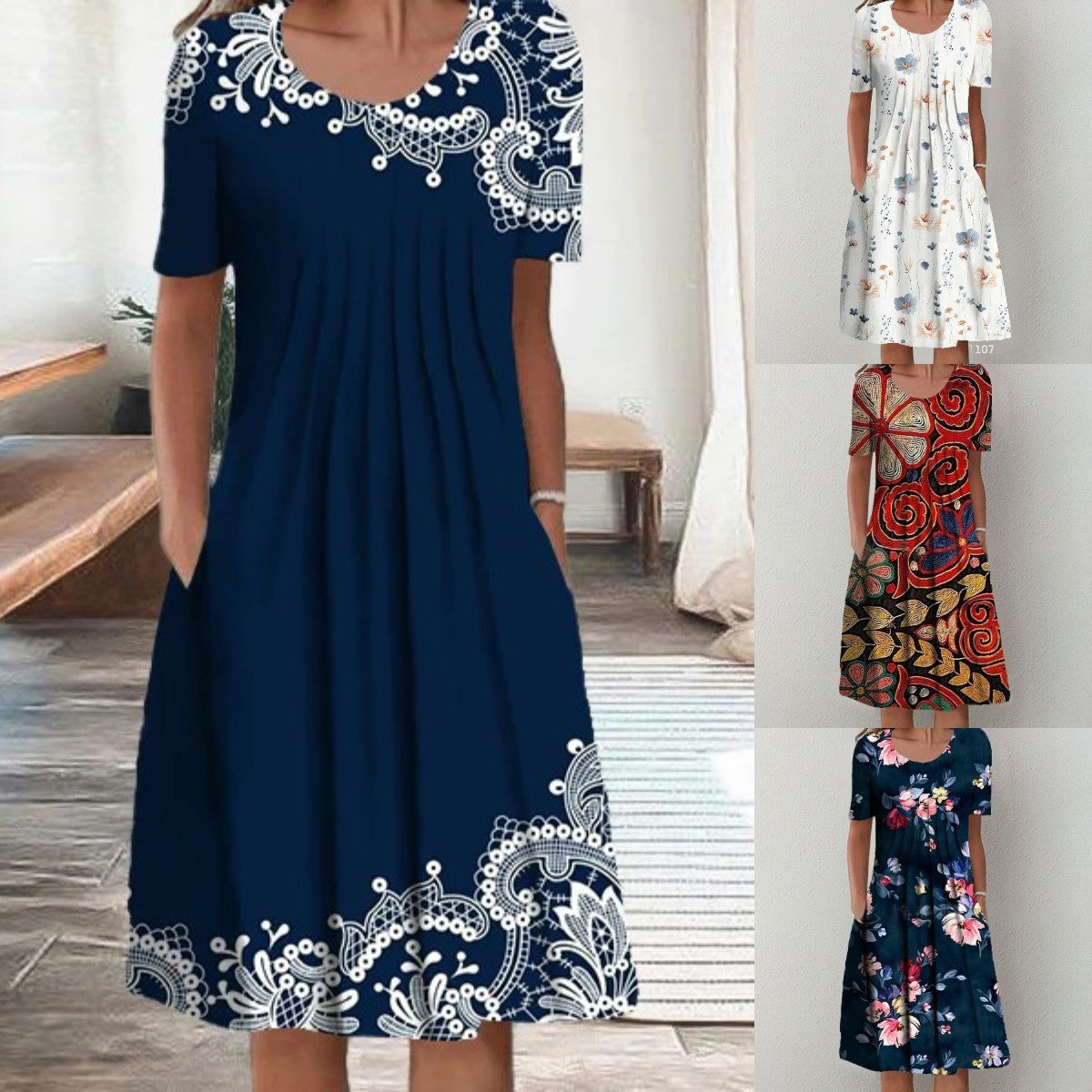 【50% sleva】【Velikosti S-5XL】🌺🌺 Moderní šaty s kulatým výstřihem a potiskem.