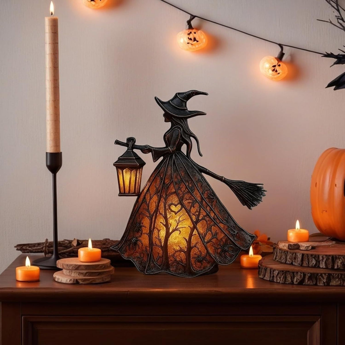 🧙‍Halloweenská lampa s čarodějnicí, strašidelná gotická lucerna, unikátní dekorativní figurka pro stolní lampu, noční světlo s nohama, vhodné do domácnosti, na verandu, do kanceláře, na párty, lze použít jako halloweenskou i dárkovou dekoraci