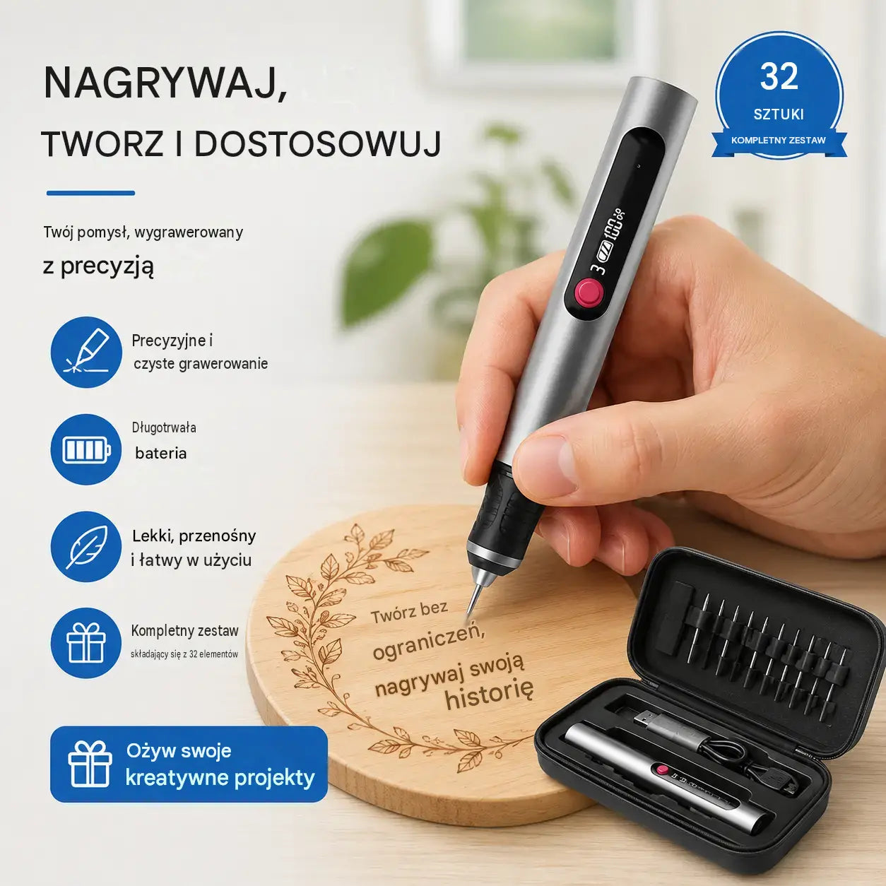 Wytrzymały, wielofunkcyjny, akumulatorowy pisak grawerski litowo-jonowy do zdobienia paznokci i polerowania elektrycznego.
