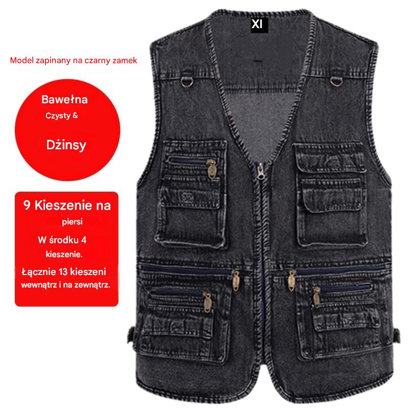 【Nowa kolekcja -50%】Męska dżinsowa kamizelka z wieloma kieszeniami 【XL–7XL】 – Wytrzymała, przewiewna i wygodna