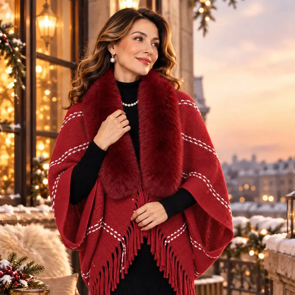 Dzianinowe ponczo z futrzanym kołnierzem i frędzlami 🧣 Elegancki, ciepły szal damski (jesień/zima) ❄️ Uniwersalny sweter o luźnym kroju, który korzystnie podkreśla sylwetkę ✨