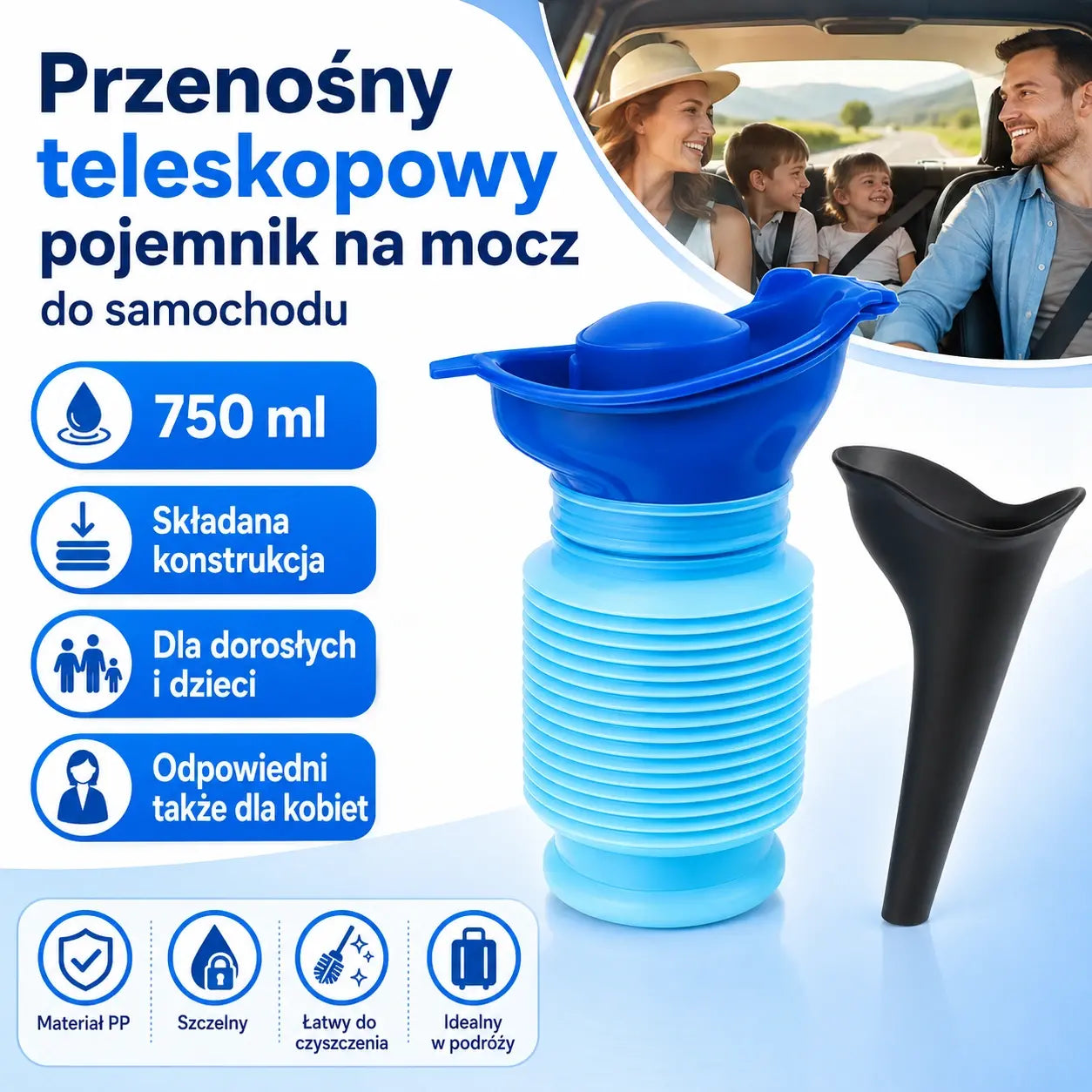 Przenośny, składany pisuar turystyczny, odpowiedni dla mężczyzn, kobiet i dzieci w każdym wieku — wielorazowy pojemnik na mocz, idealny na kemping i długie podróże — kup jeden, a drugi dostaniesz za pół ceny.