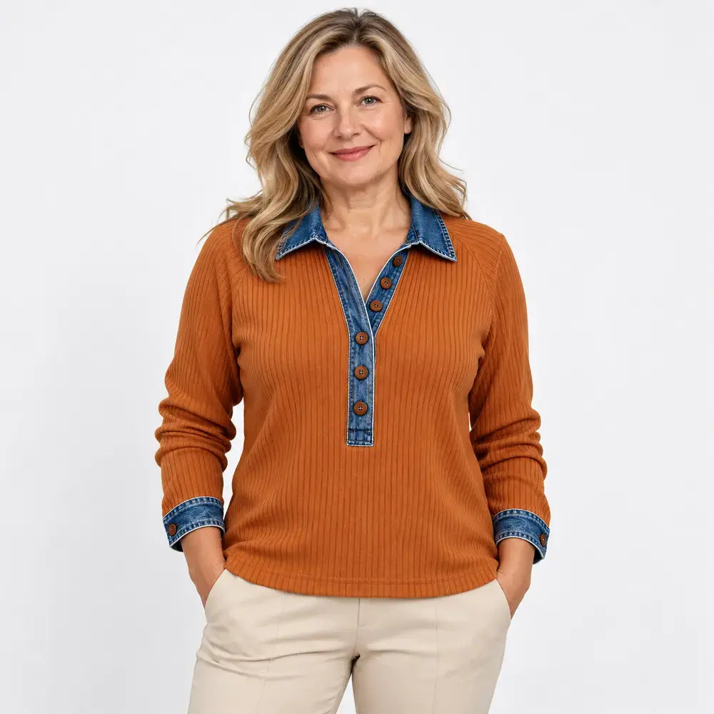 【S-3XL】Damowy sweter z długim rękawem – z kołnierzem jeansowym, łączony, dzianinowy
