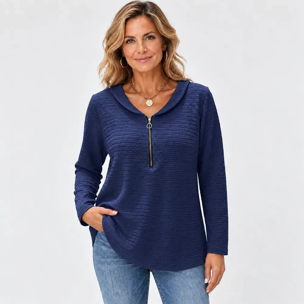 ✨【S-5XL / 5 kolorów】Damski top w jednolitym kolorze, wyróżniający się stylowym, plisowanym materiałem, kołnierzykiem typu „Piotruś Pan”, zapięciem na zamek oraz klasycznym krojem w ramionach.