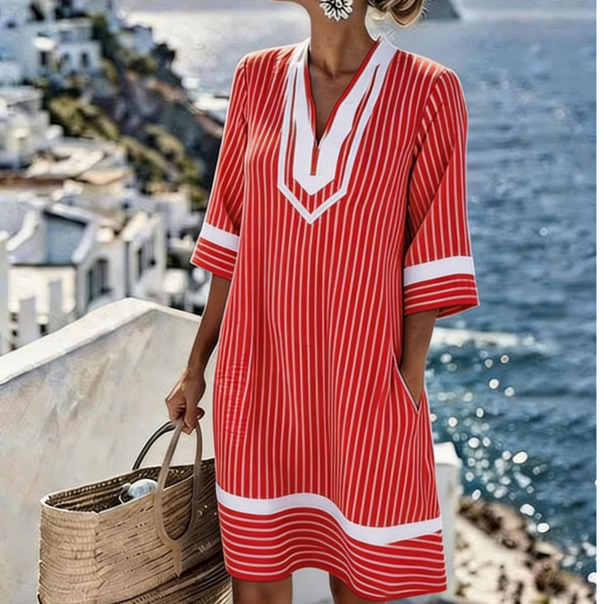 [40-100 kg] 2026 Nowa luźna sukienka z dekoltem w serek w stylu boho – styl wakacyjny na plaży