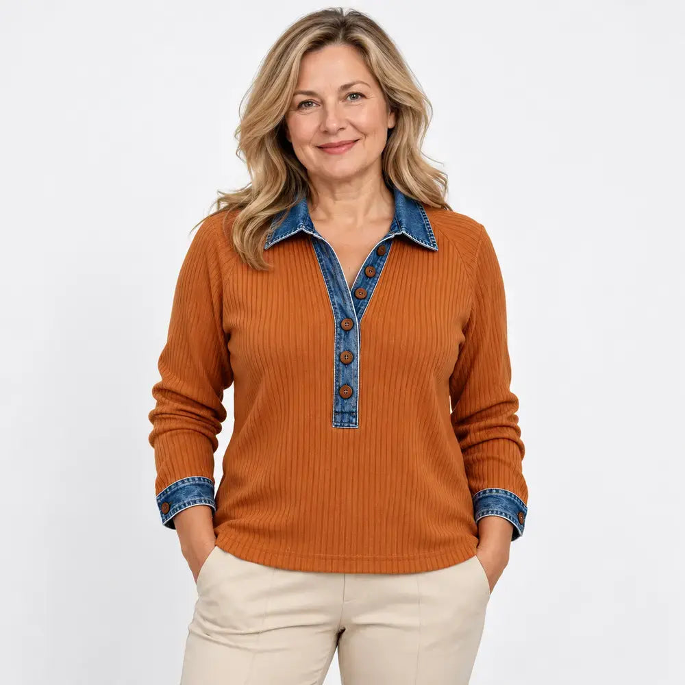 【S-3XL】Damowy sweter z długim rękawem – z kołnierzem jeansowym, łączony, dzianinowy