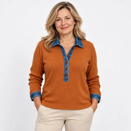【S-3XL】Damowy sweter z długim rękawem – z kołnierzem jeansowym, łączony, dzianinowy