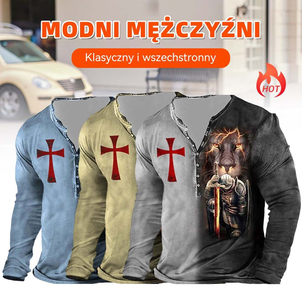 🦁🦁Męski, swobodny T-shirt z długim rękawem i nadrukiem 3D