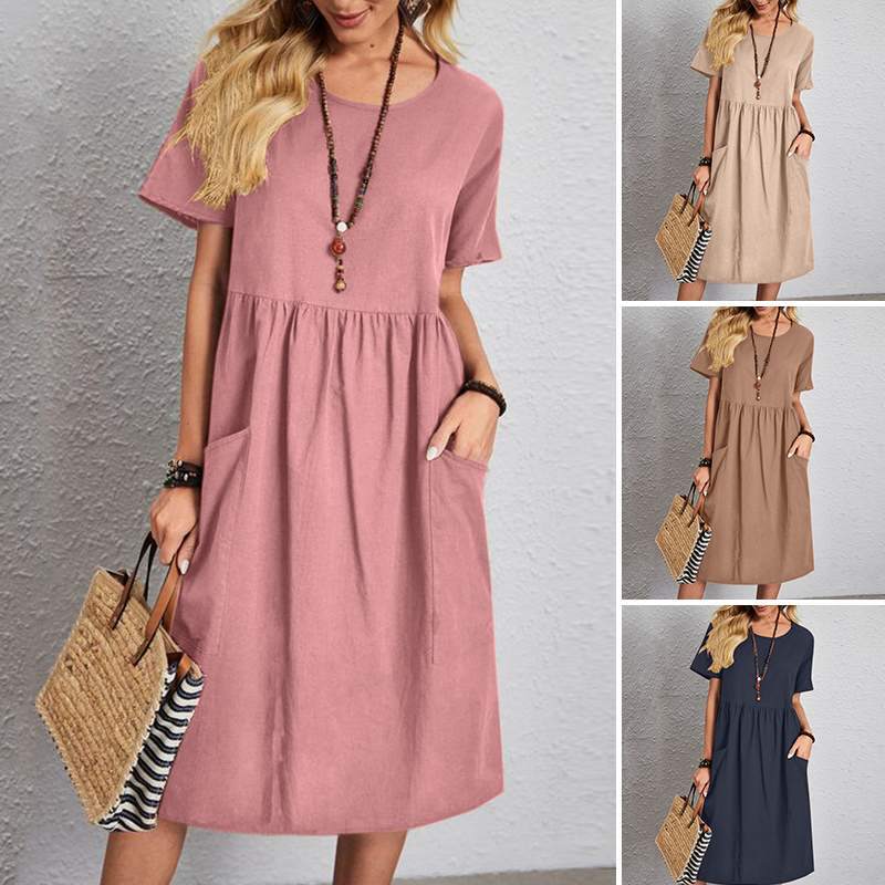 🔥👗【S~5XL】Nowa letnia sukienka, krótki rękaw, okrągły dekolt, mieszanka bawełny i lnu, wygodna i oddychająca