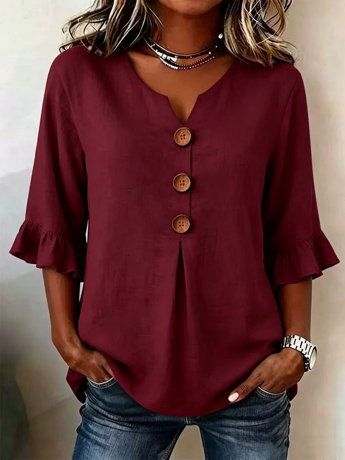 [S-3XL] Nueva camisa de mujer con cuello en V y volantes, mezcla de algodón y lino, con botones: sencilla y elegante.