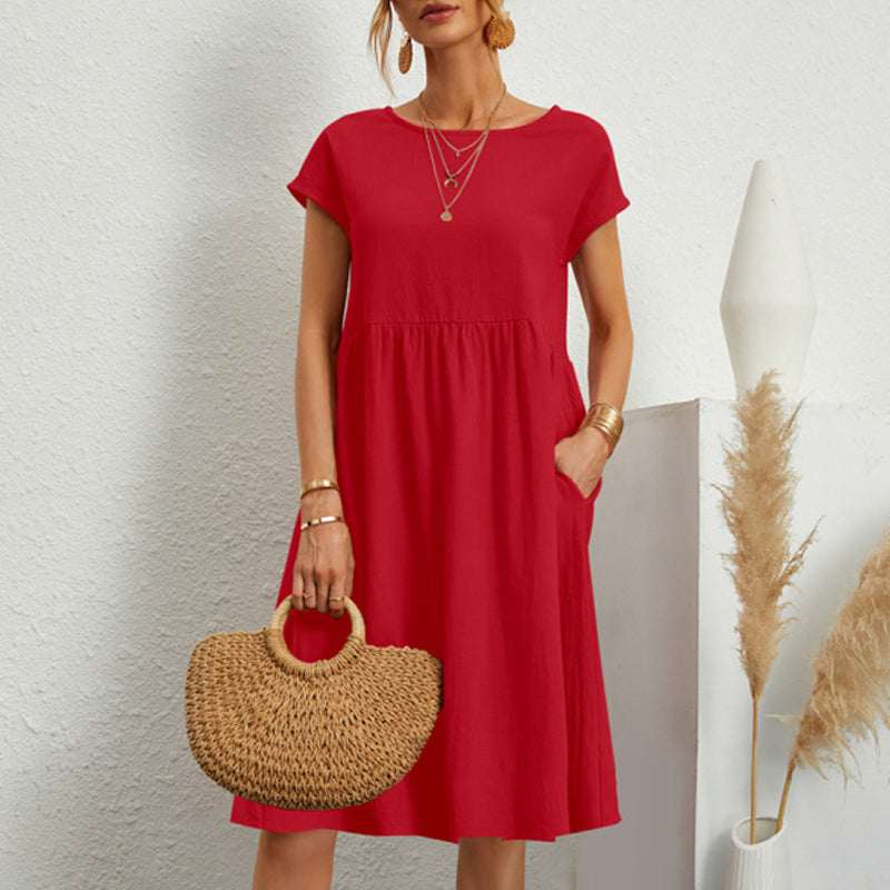 😍【Wyprzedaż sezonowa】👗【S–5XL】2025 Damska sukienka bawełniano-lniana z okrągłym dekoltem i luźnym krojem – Obniżona cena