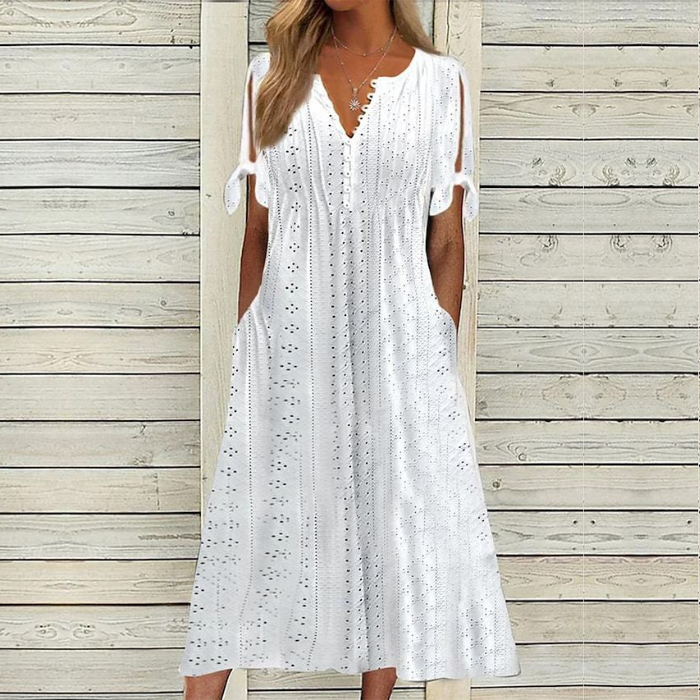 🔥👗【Žhavý výprodej】【S-5XL】✨2025 Nové jednoduché a krásné jednobarevné šaty s dutou krajkou