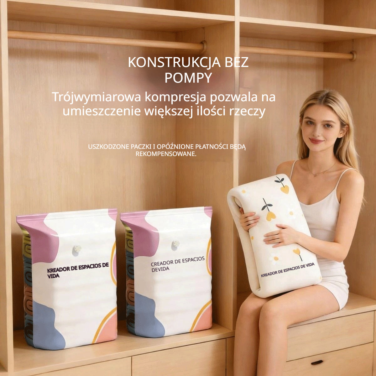 🧳【Zestaw 5 sztuk】💨 Duże kompresowalne worki próżniowe do przechowywania: nie wymagają pompy, są szczelne, idealne do użytku w domu i w walizce, pozwalają zaoszczędzić dużo miejsca ✈️