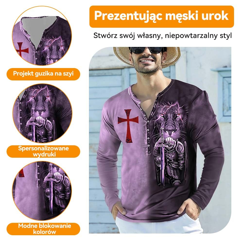🦁🦁Męski, swobodny T-shirt z długim rękawem i nadrukiem 3D