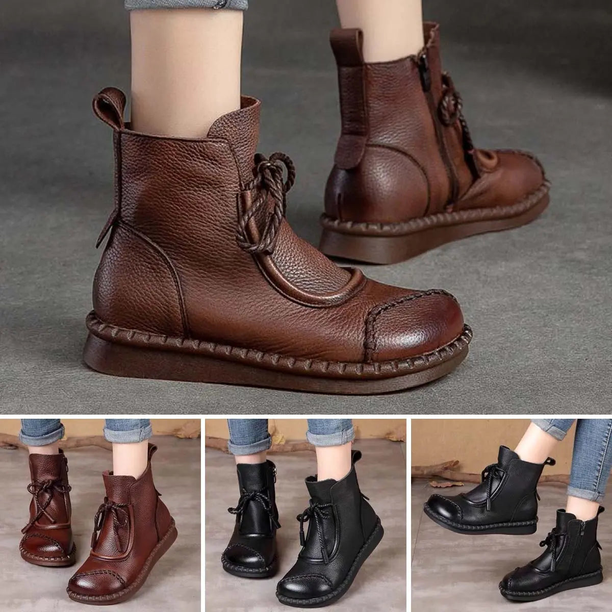 🌷Nowość 2026🎉【35-40】👢Klasyczne damskie buty retro z miękką podeszwą i skórzanym zamkiem błyskawicznym z boku.