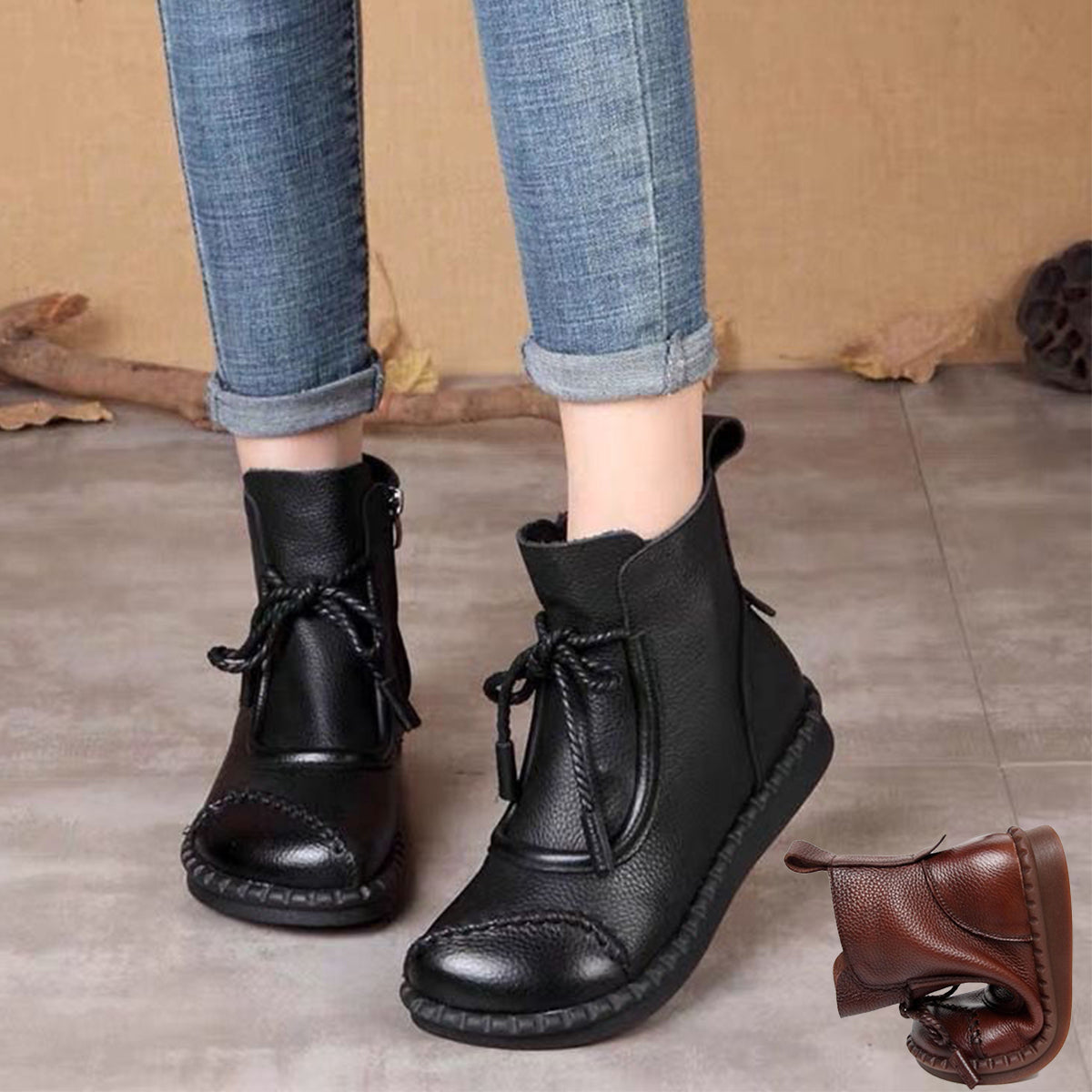 🌷Nowość 2025🎉【35-40】👢Klasyczne damskie buty retro z miękką podeszwą i skórzanym zamkiem błyskawicznym z boku.